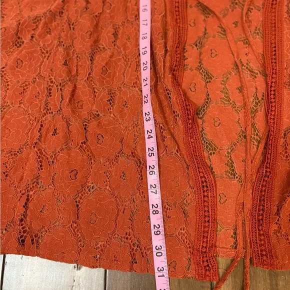 Sz M Rust Orange Lace Kimono Shawl Cardigan Poncho Tassels Poms Front Tie - Picture 3 of 9